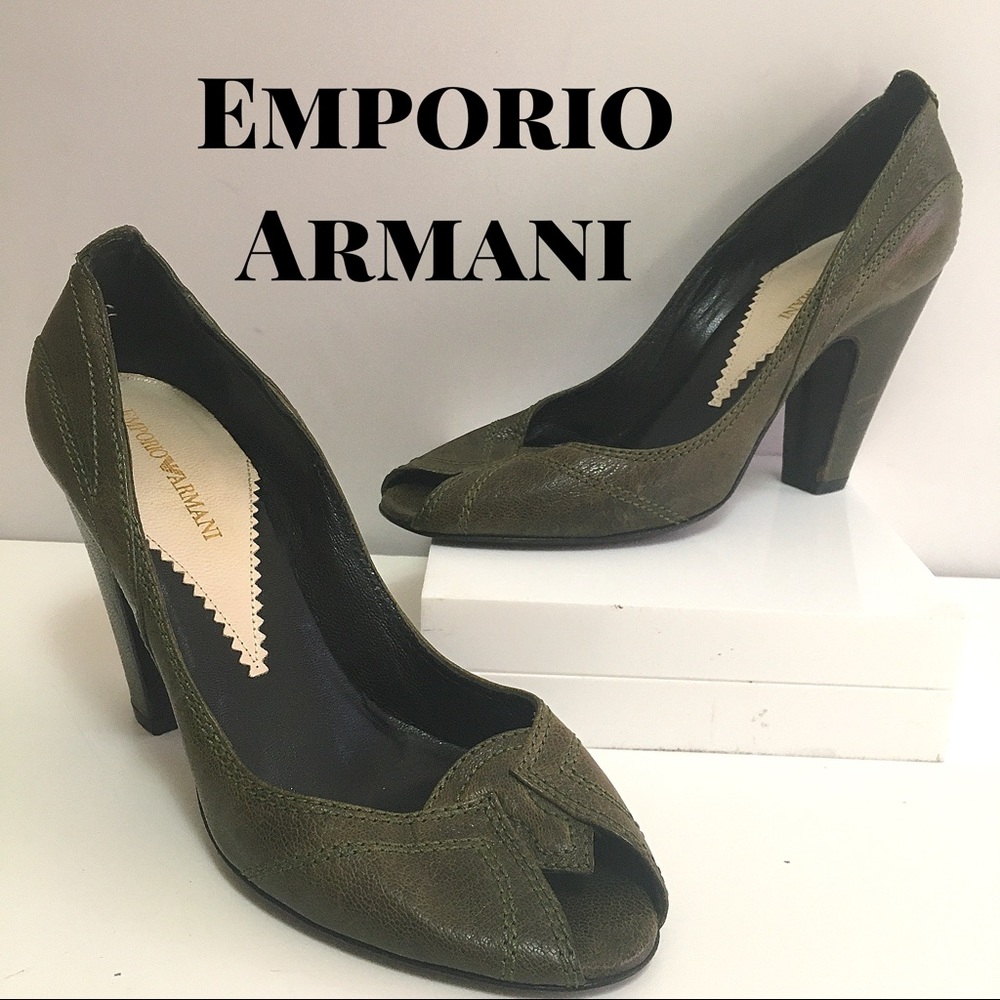 Emporio Armani Army Green Peep-toe Leather Heels